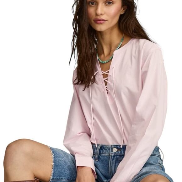 Lucky Brand NWTs Pink Stripe Poplin Lace-Up Blouse Top size small - Picture 2 of 12